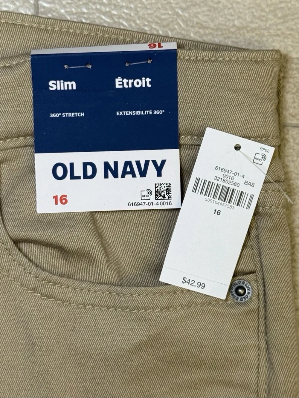 NEW Old Navy Boys Dockers Khaki Pants Sz 16 Slim School Uniform Adj Waist 29x30